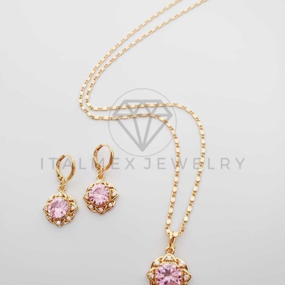 18K Gold Plated Flower Pink CZ Set - Picture 6 of 8